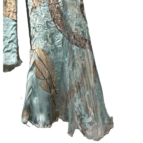 Komarov Designer Blue Button Blouse M Crinkle Lace Bell Sleeve Ruffle USA Made - Picture 3 of 5